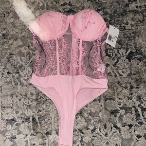 NWT pink corset/bodysuit top, pearls zipper back